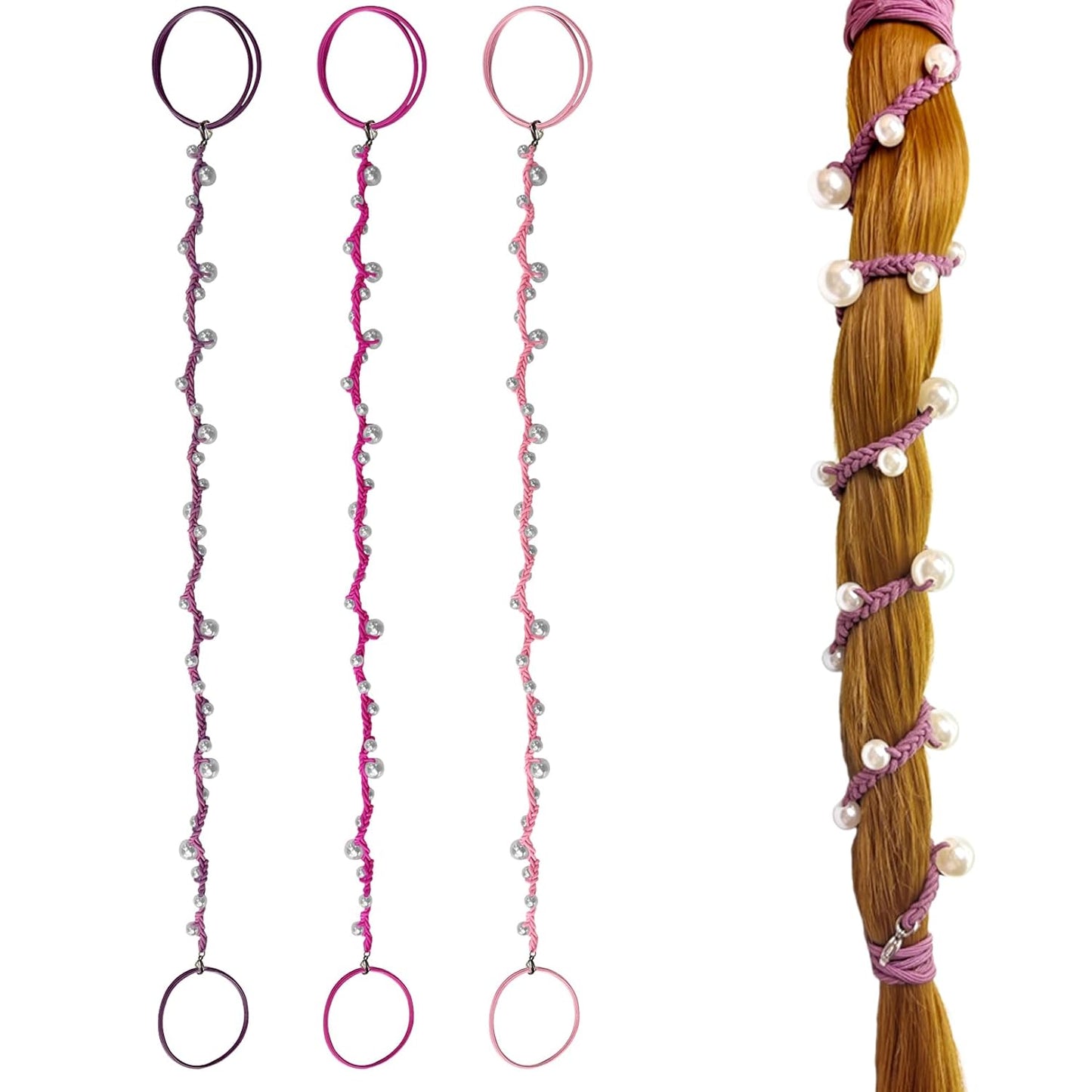 Pearl Hair Ties for Women - Hand-Braided Sport Ponytail Holders | Tangle-Free 16” Wraps in Hot Pink, Blue & Green (3 Pack)