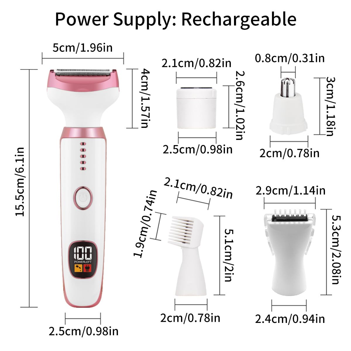 Electric Razors for Women, Bikini Trimmer for Women 5 in 1 Body Shaver for Nose Hair Face Eyebrow Arms Legs Armpit Underarm Pubic Area, Replaceable Lady Facial Razor Painless USB Charge Female Gift