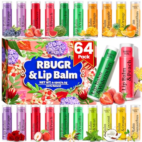 RBUGR Natural Lip Balm Bulk Set - 64 Pack, 12 Flavors for Dry Lips