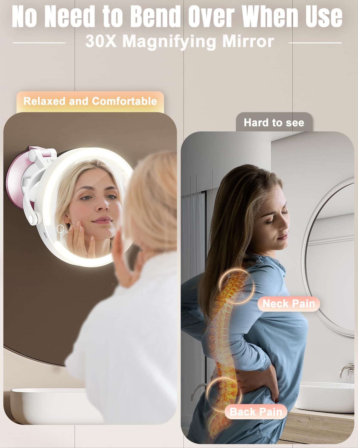 vpu 30X/1X Wall Mounted Magnifying Makeup Mirror with Power Suction Cup, Rechargeable Double Sided Regular HD/Magnification 3 Color Modes Adjustable Brightness Mirror with Lights for Bathroom, Travel