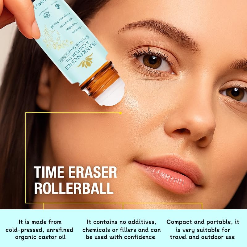Rose Quartz Roller Ball with Frankincense & Castor Oil - Lightweight Skin Oil for Face, Neck & Abdomen | 50ML/1.7oz