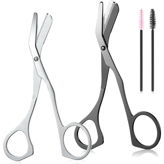 PullCrease 2 Pack Eyebrow Trimming Scissors with Combs, Stainless Steel Eyebrow Trimmers for Women Men Gifts, Brow Trimming Tool Beard Trimmer (Gray,Black)