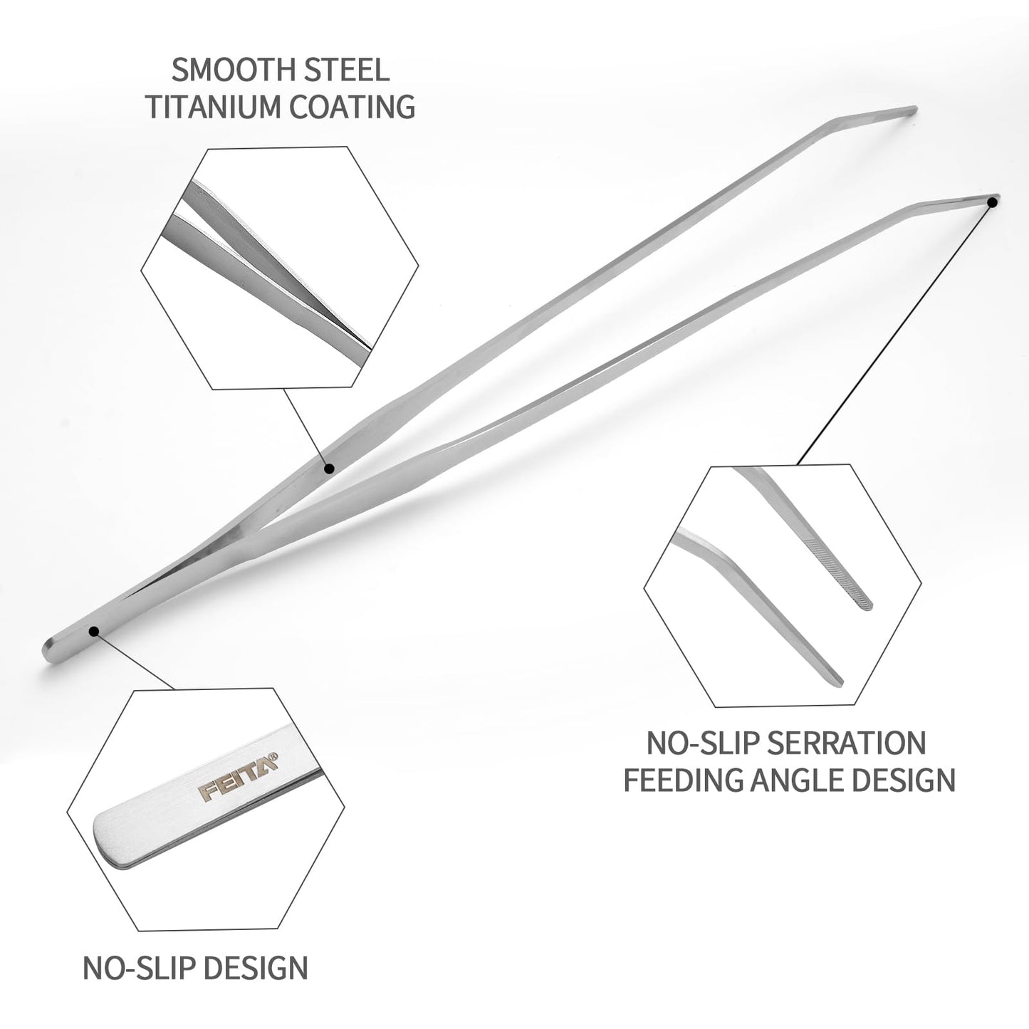 Aquarium Tweezers Extra Long 15 inches Feed Tong clamps - FEITA Straight and Curved Stainless Steel 38cm Tweezers Set for Fish Tank Plants Aquascape Tools & Reptile Feeding Tongs - Sliver 2Pcs