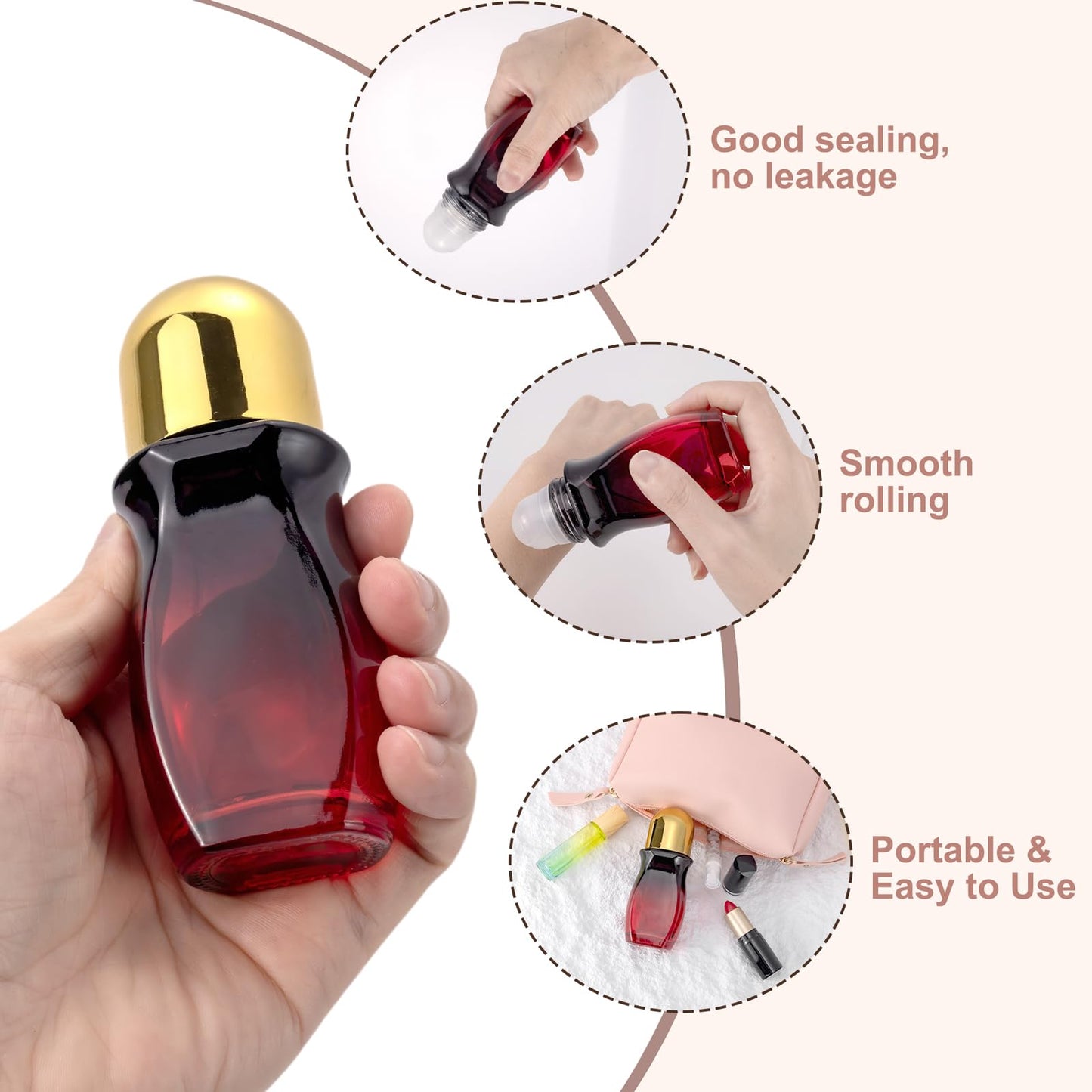 Kesell 2Pcs Glass Roller Bottles 50ml Gradient Red, Gold Lid