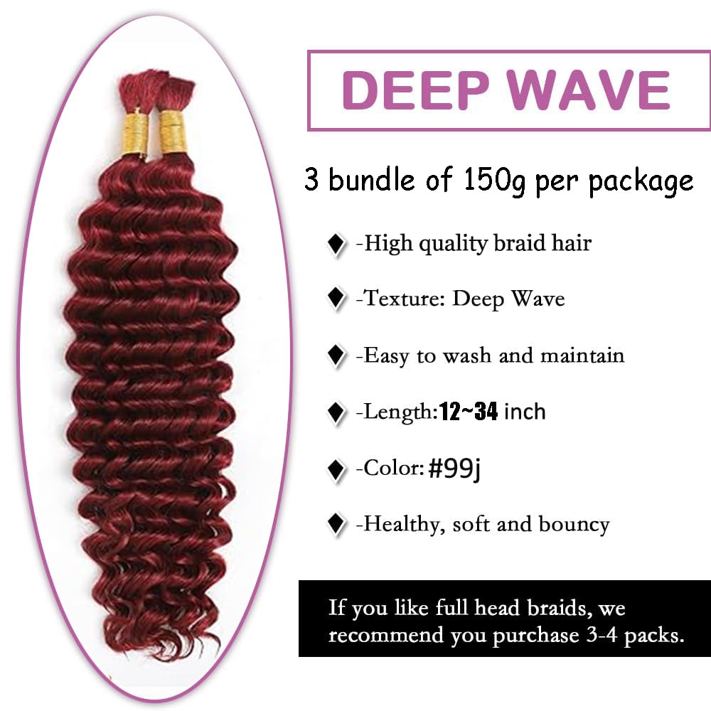 12 12 12 Inch #99J Burgundy Human Braiding Hair for Boho Braids 150g Deep Wave Bulk Human Hair Knotless Boho Braiding Red Deep Curly Virgin No Weft Extensions Bohemian Braids 3 Bundles/Pack Caramel