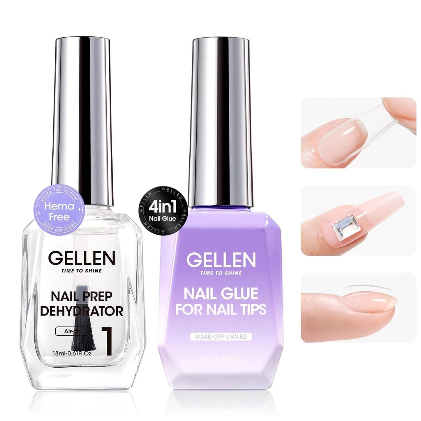 Gellen 18ML Nail Glue Gel and Nail Prep Dehydrator, 4 in 1 Soak Off LED UV Glue for False & Acrylic & Clear Press on Nails, Long Lasting for 28+ Days