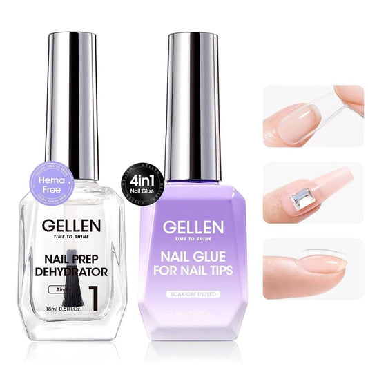 Gellen 18ML Nail Glue Gel and Nail Prep Dehydrator, 4 in 1 Soak Off LED UV Glue for False & Acrylic & Clear Press on Nails, Long Lasting for 28+ Days