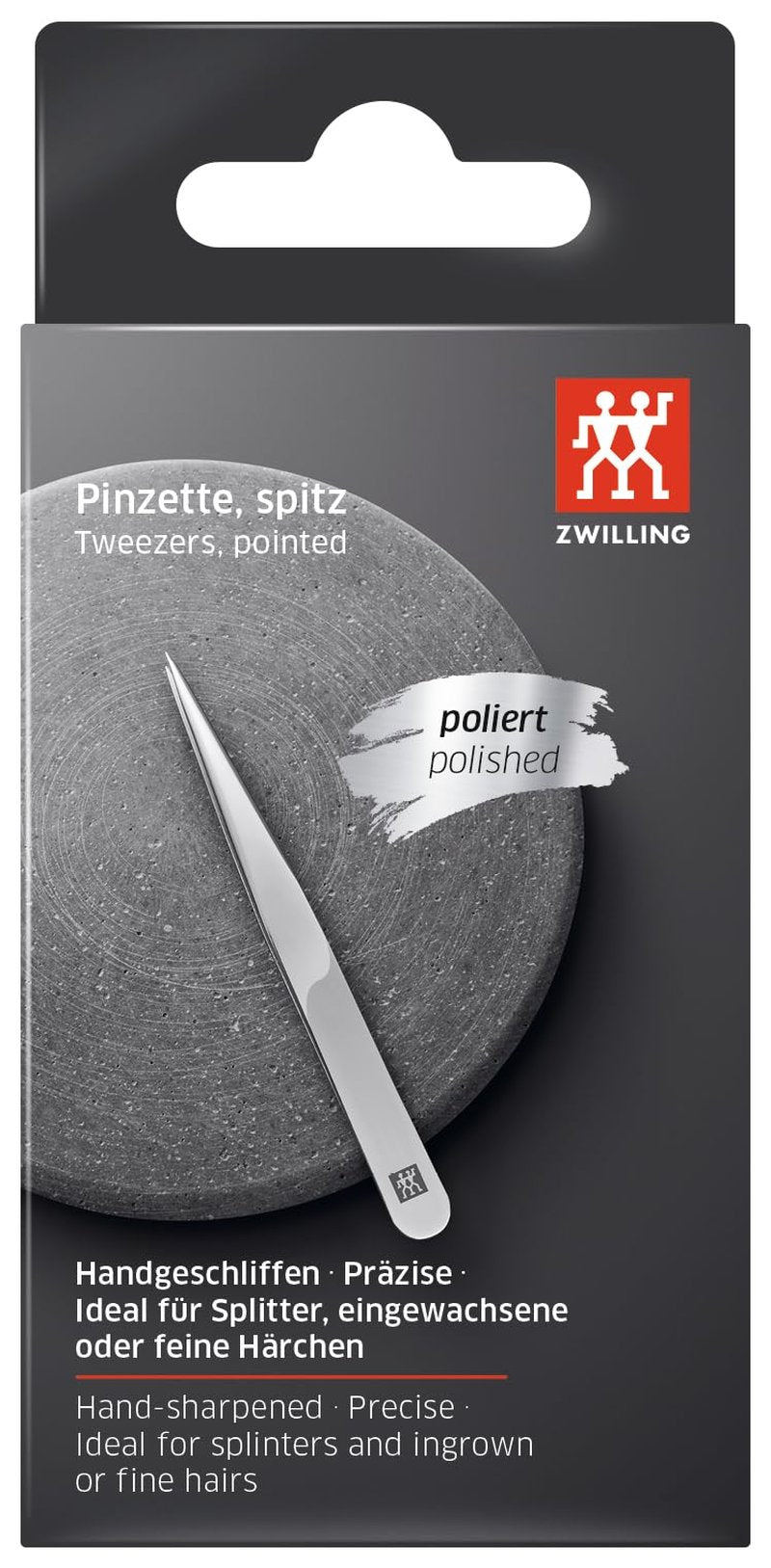 ZWILLING Pointed Tweezer (removal of splinters, ingrown or fine hair, hand-finished, roughened tips), Polished, Silver, 3.5 inch