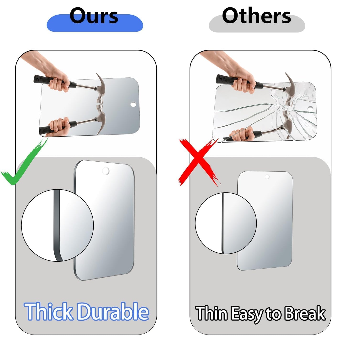 Shatterproof Fogless Shower Mirror for Shaving (8x6 Inch Medium-Size) No-Fog Waterproof Wall Mounted Bathroom Accessory, Hanging Anti-Fog Shaving Mirror for Men, Perfect for Camping and Travel Use