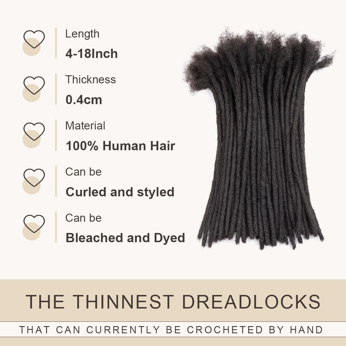 Real Human Hair Dreadlock Extensions - 100% Handmade, 30 Strands, 8-18 Inch | Thickness Options 0.4cm, 0.6cm, 0.8cm