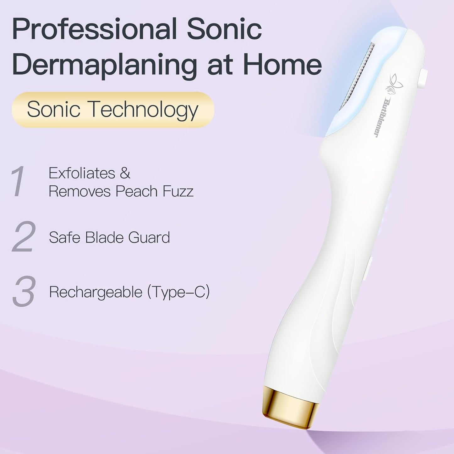Sonic Dermaplane Razor for Women - Facial Hair Removal Tool with 12 Blades | White & Gold Accent