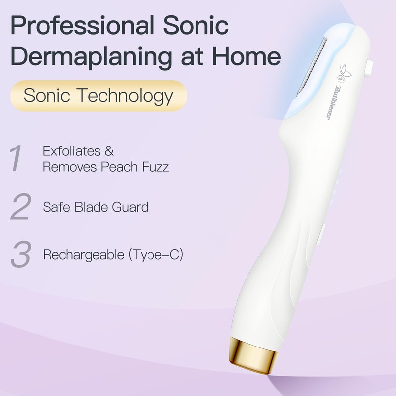 Dermaplane-razor for Women Face,Sonic Dermaplane,Sonic Dermaplaning Tool,Face Shaver Facial Hair Removal & Peach Fuzz Romover + 12 Blades (White With Gold Accent)