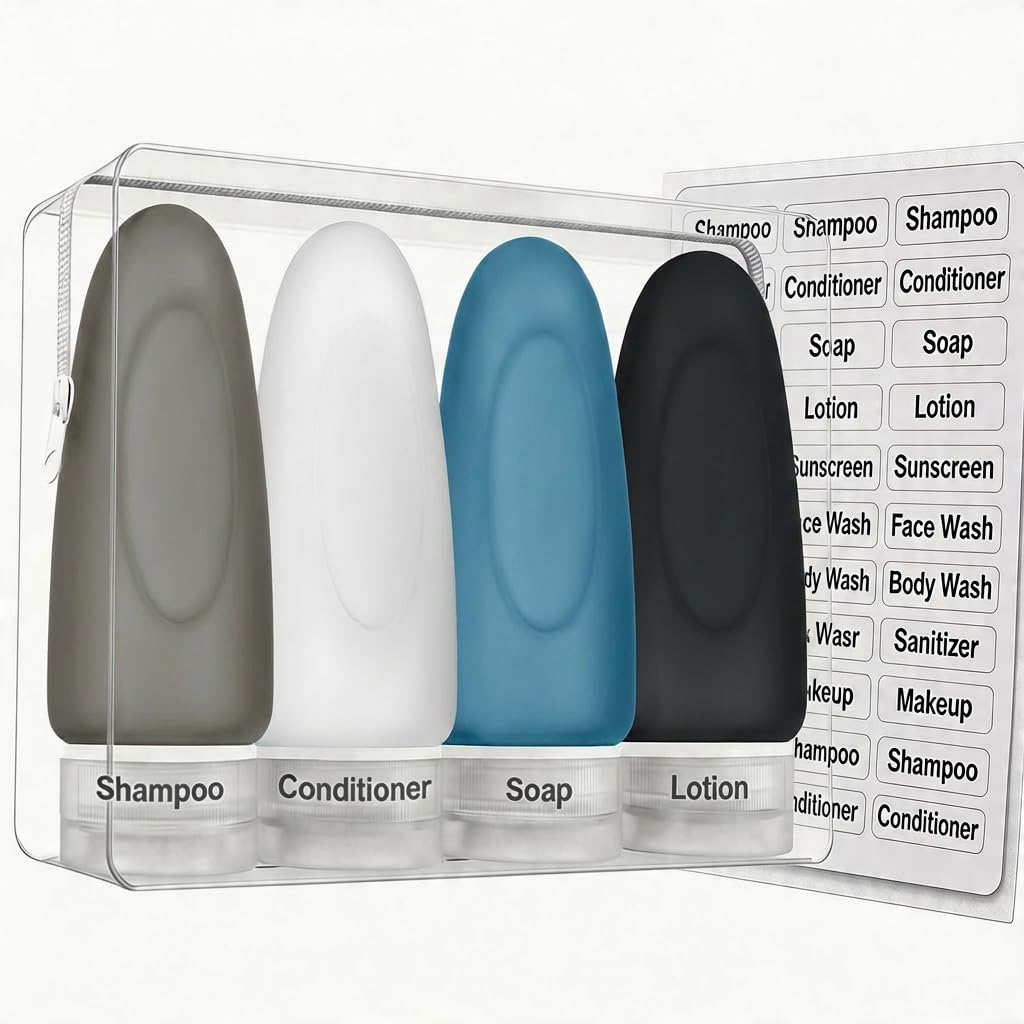 Leak Proof Travel Bottles - TSA Approved 3oz Silicone Toiletries for Shampoo & Conditioner | Set of 4 with Labels