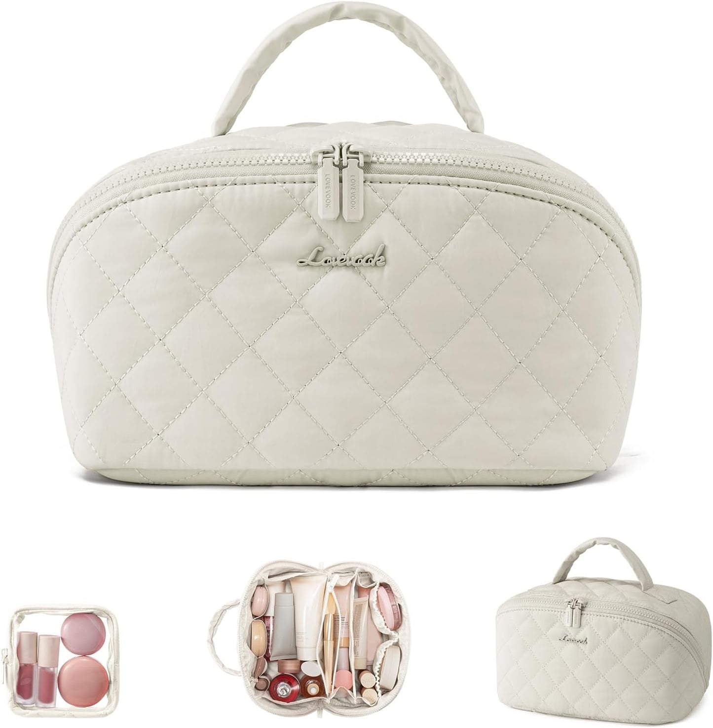 LOVEVOOK Travel Makeup Bag - Waterproof Cosmetic Organizer with Brush Compartment | Large Capacity Pouch in Pink, Medium
