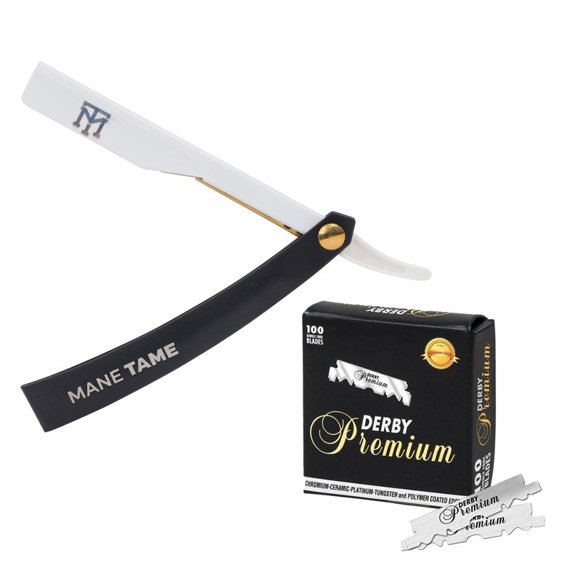 Mane Tame Professional Men's Grooming Straight Edge Professional Barber’s Razor & 100 Darby Premium Blades – Black and White