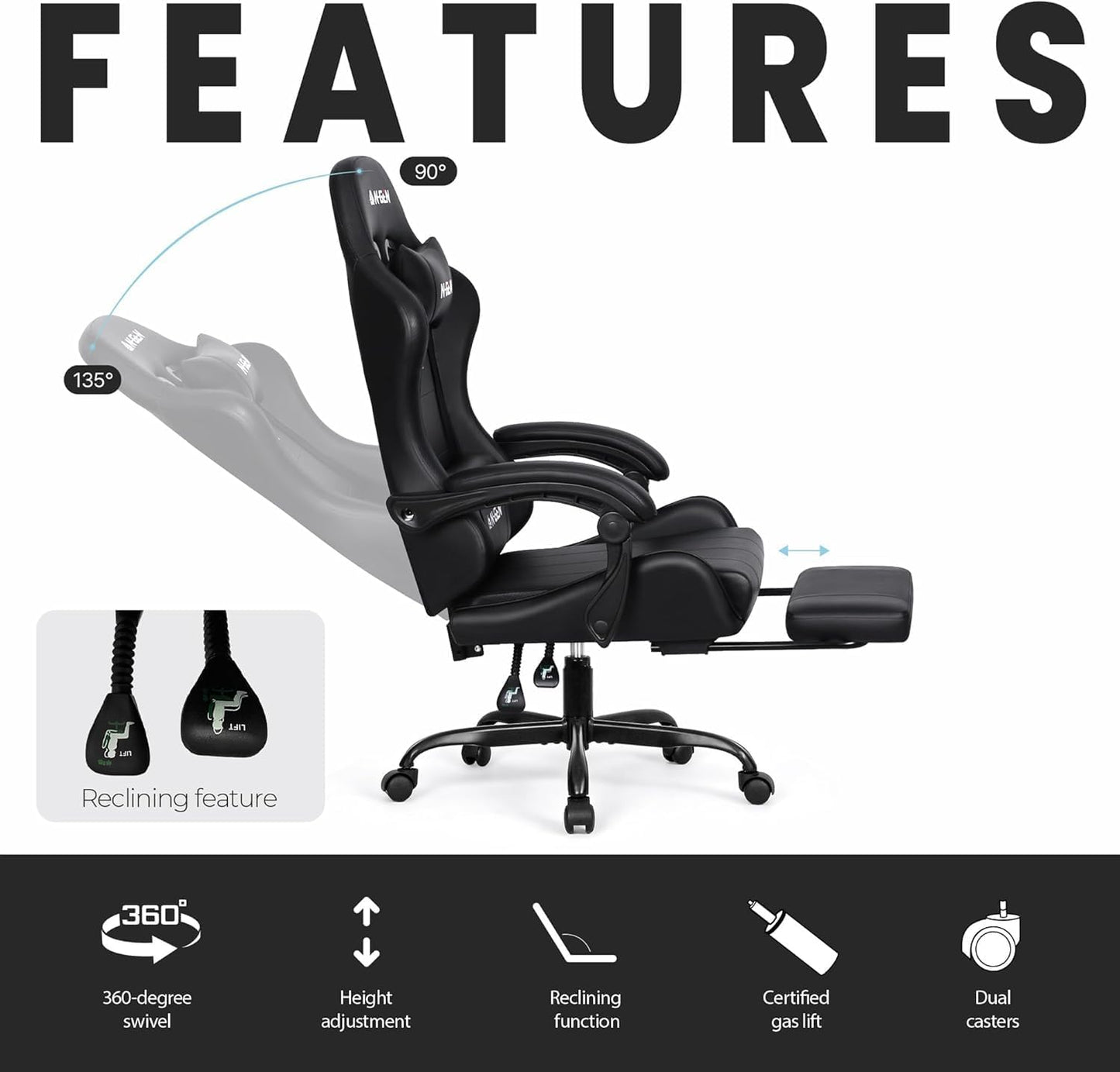 N-GEN Gaming Chair - Ergonomic Video Gaming Chair with Footrest & Lumbar Support | Adjustable High Back in Carbon Black