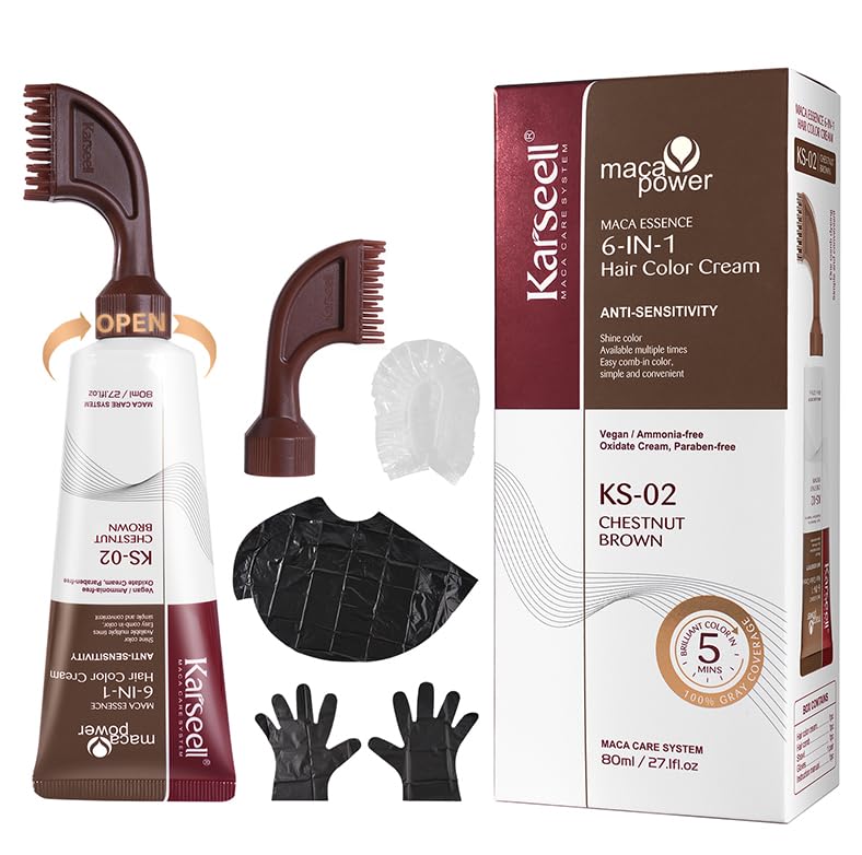 Karseell Brown Hair Dye | Ammonia-Free 6-IN-1 Formula with Comb Applicator for 100% Gray Coverage - 80ml