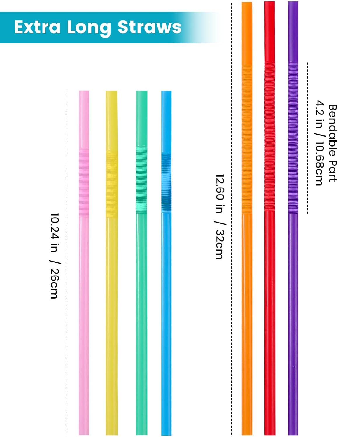 Extra Long Flexible Plastic Straws - 10.24" Colorful Bendy Drinking Straws | 100 Pack, Individually Wrapped