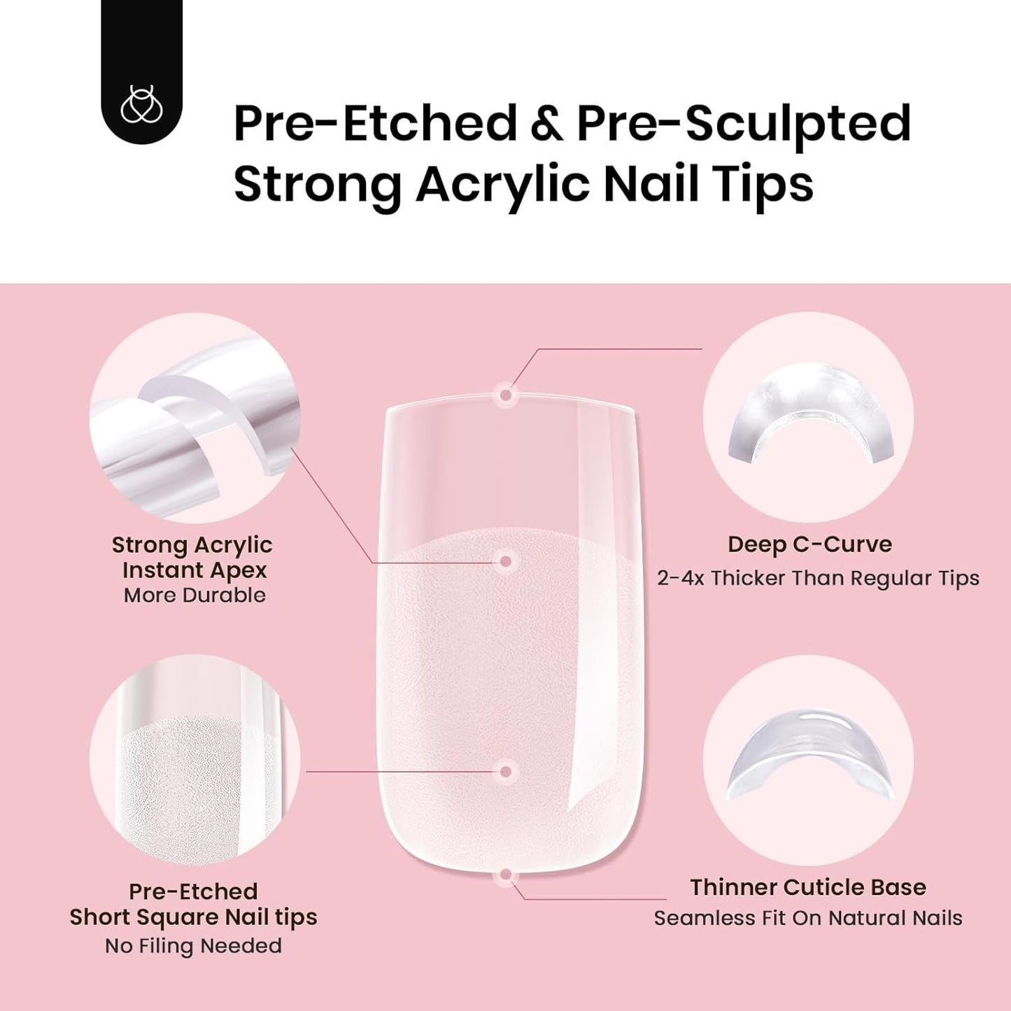 Beetles Instant Apex Nail Tips - Short Square, 192pcs in 16 Sizes 00–14 | Thicker Strong Acrylic for DIY Extensions