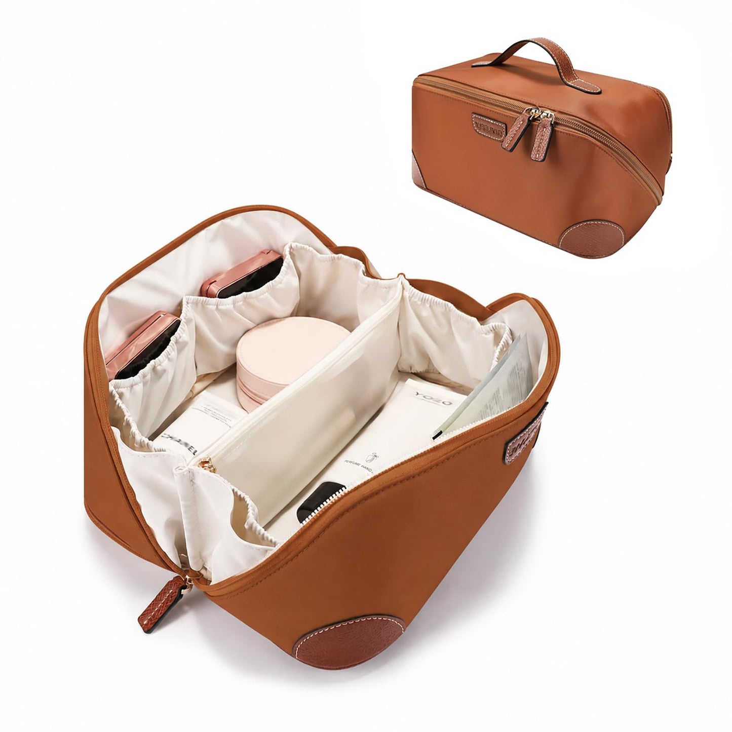 GIVLEFLY Makeup Bag for Women, Large Cosmetic Bag, Travel Toiletry Bag, Waterproof Nylon Organizer with Microfiber Leather, Flat Open for Skincare & Brushes