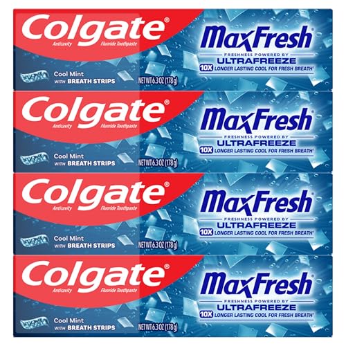 Colgate MaxFresh Fluoride Toothpaste, Cool Mint, 4 Pack, 6.3 oz Tubes