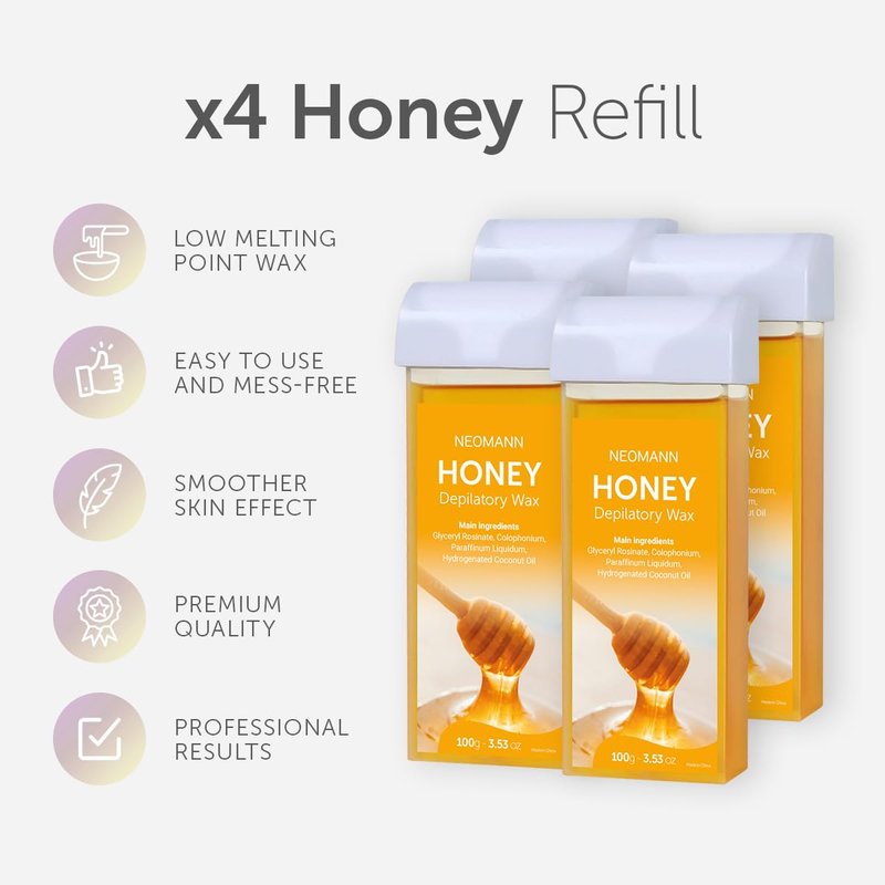 Hair Removal Wax, Wax Refill, Soft Wax Roller Cartridge for Roll on Waxing Kit, Honey Rolling Wax for Sensitive Skin, 4 Pack