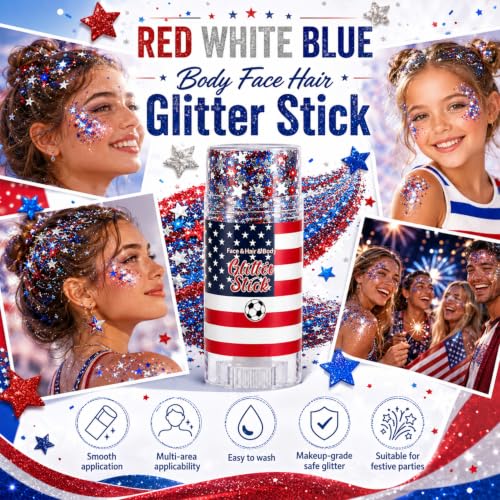 Red, White & Blue Glitter Stick for Face, Hair & Body - Patriotic Makeup