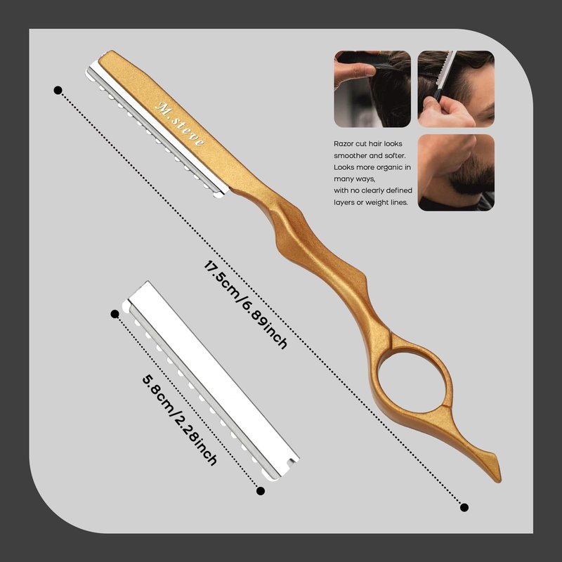 Hair Razors For Cutting Hair 6.89", Professional Hair Styling Razor with Replacement Stainless Steel Blades for Salon/Home -11PCS Gold