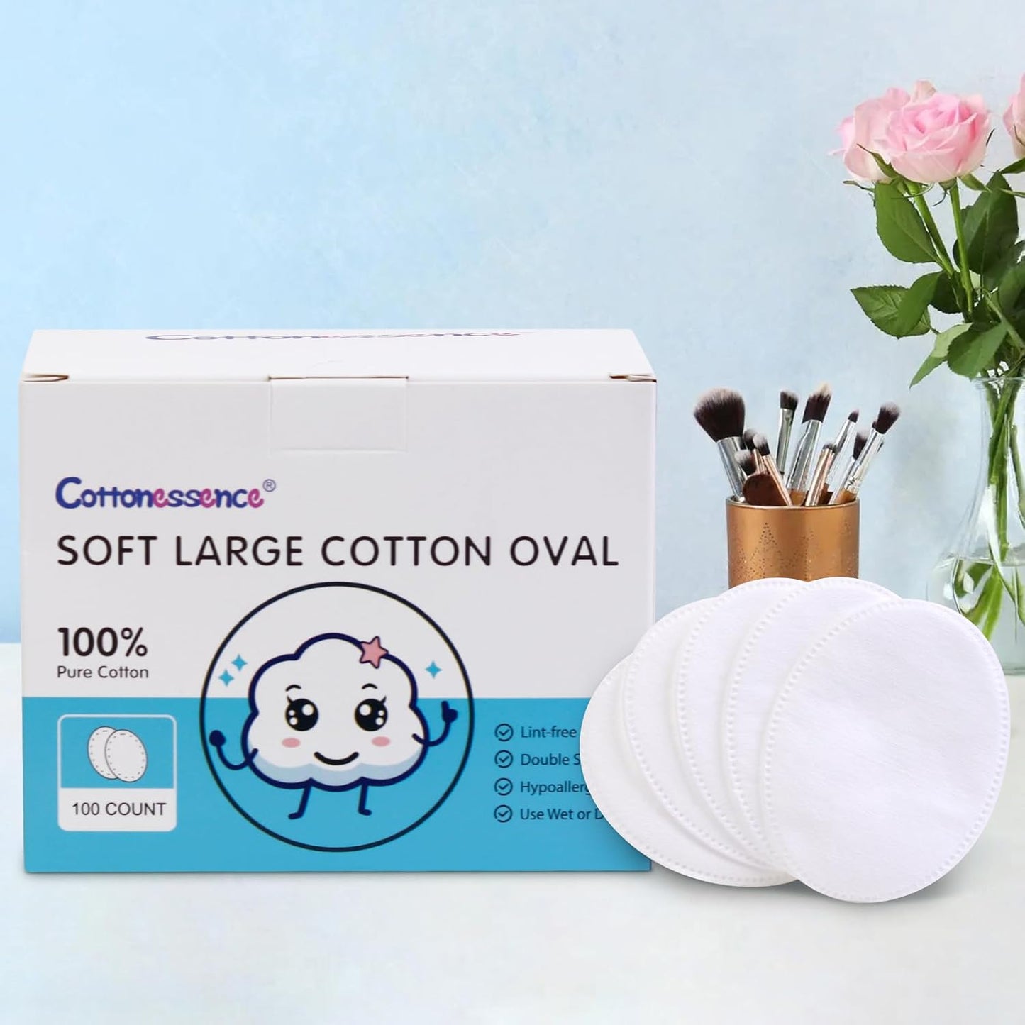 Oval Cotton Pads - 100% Pure Cotton, Gentle for Babies | Lint-Free, Hypoallergenic, Soft Texture, 100-Count