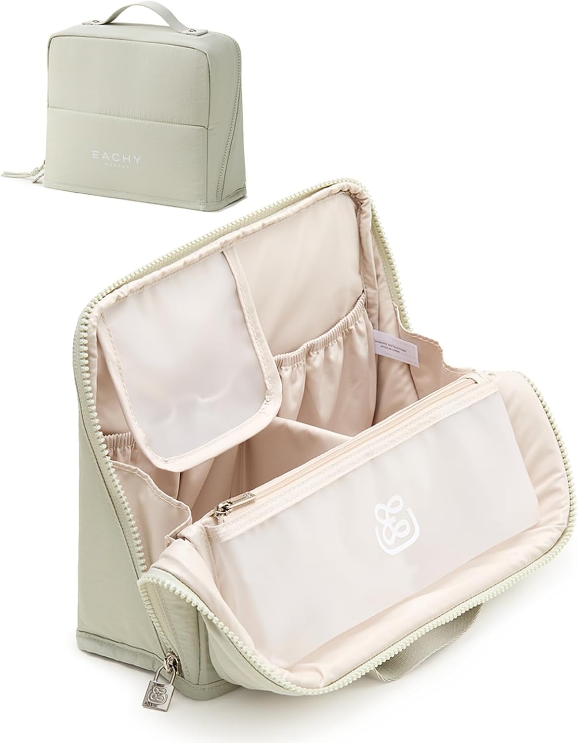 Large Waterproof Makeup Bag - EACHY Cosmetic Organizer with Phone Holder & Detachable Dividers | Wipe-Clean Brush Pouch for Women