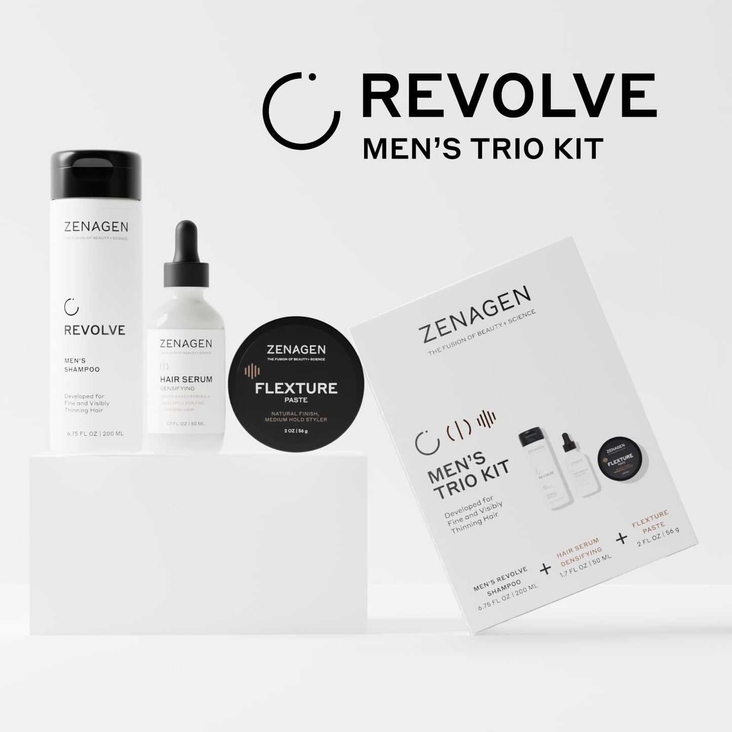 ZENAGEN Men's Trio Kit for Fine & Thinning Hair - Plant-Based Shampoo, Densifying Serum & Flexture Paste, 1 Set