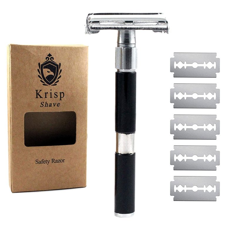 Krisp Beauty Double Edge Safety Razor, (4 Inch Long) Butterfly Open Men Women Wet Shaving Razor with 5 Shaving Blades