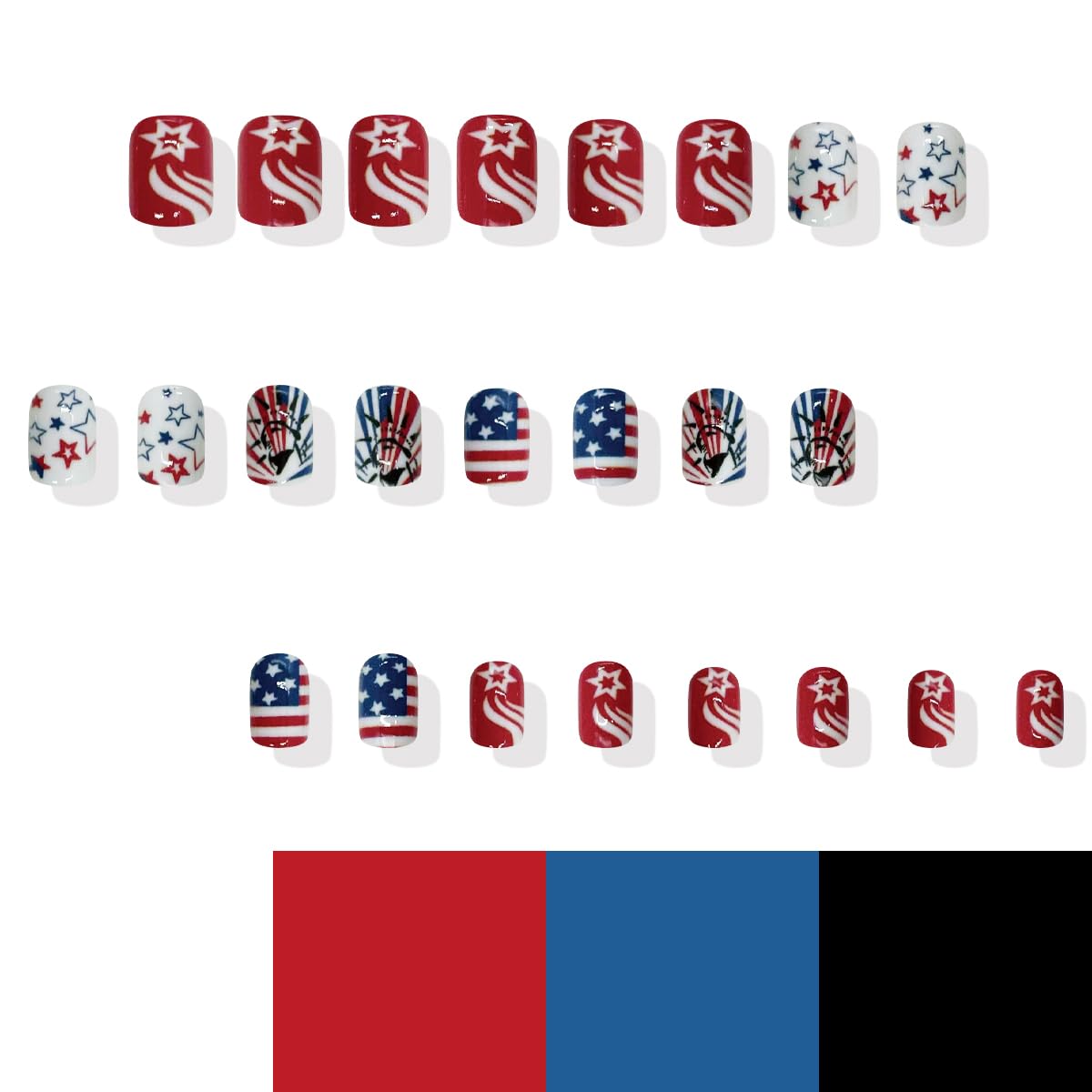 4th of July Press on Nails Short Petite Cute Fake Nails Red Blue Star American Flag Designs Independence Day False Nails Freedom Patriotic Acrylic Nails Square Reusable Glue on Nails for Women 24Pcs