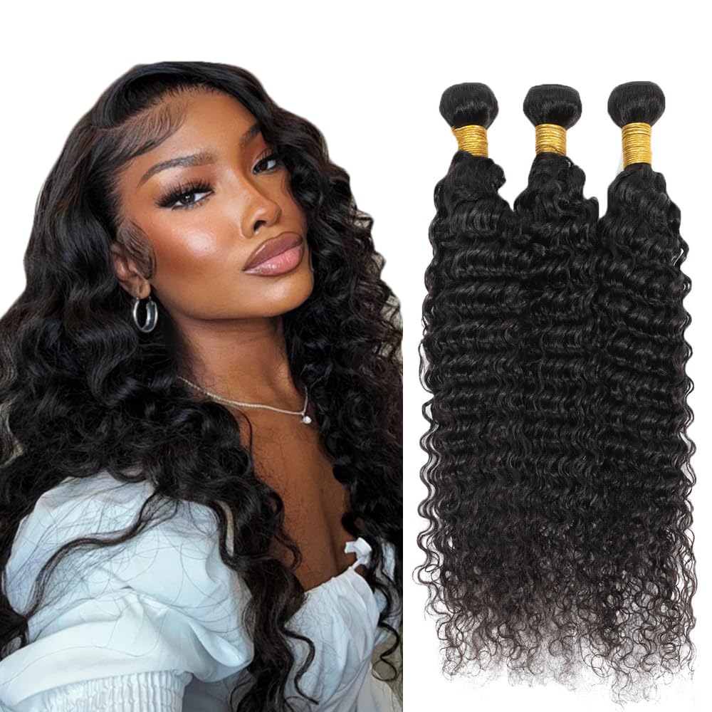 #1B Human Hair Bundles Natural Color Deep Wave Bundles 22 24 26 Inch Balck Bundles Unprocessed Brazilian Virgin Hair 3 Bundle 50 Gram Per Bundle Deals Quick Weave Hair Extensions