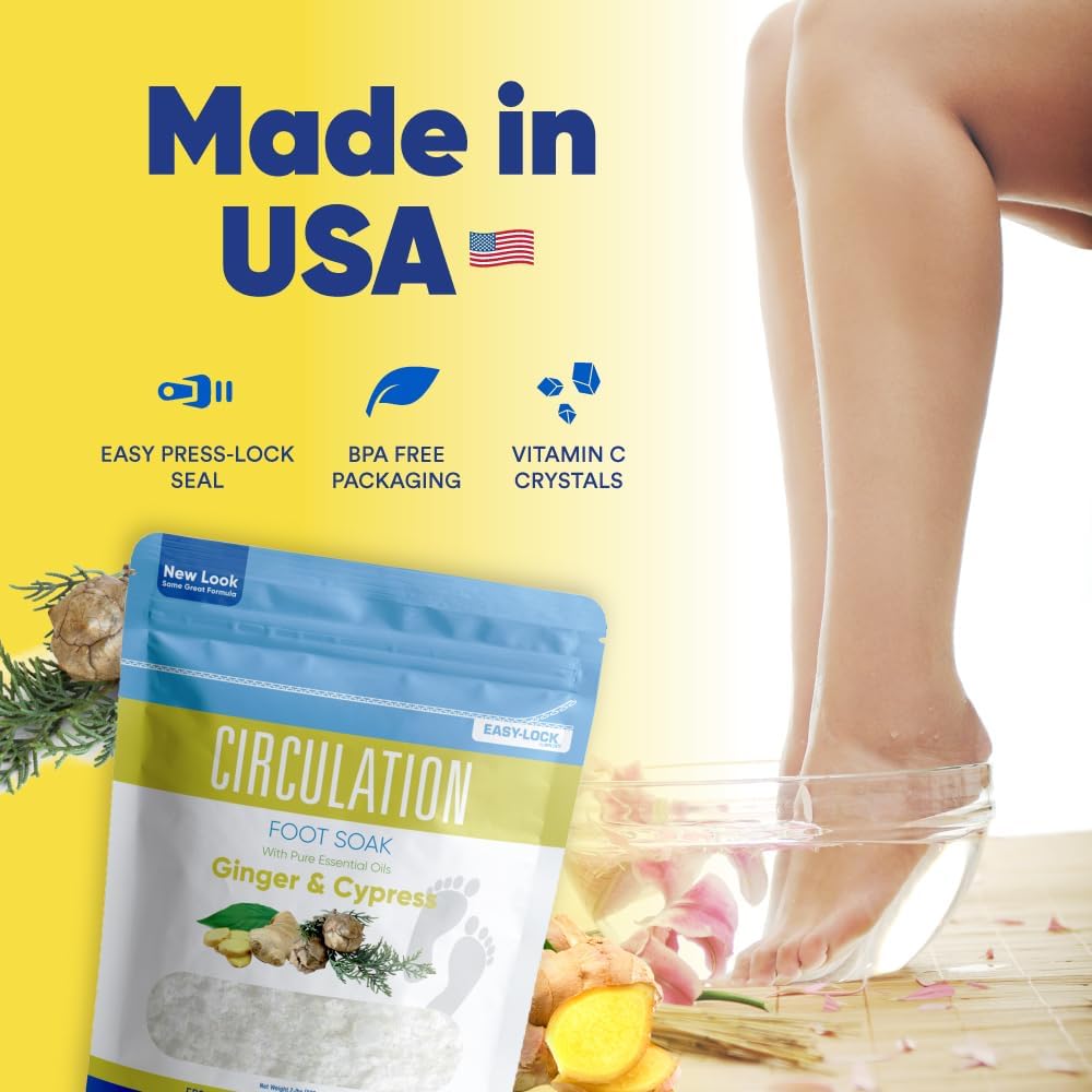 Epsom Salt Foot Soak - 32 Oz Ginger & Cypress Essential Oils | Vitamin C Enriched, BPA-Free Pouch