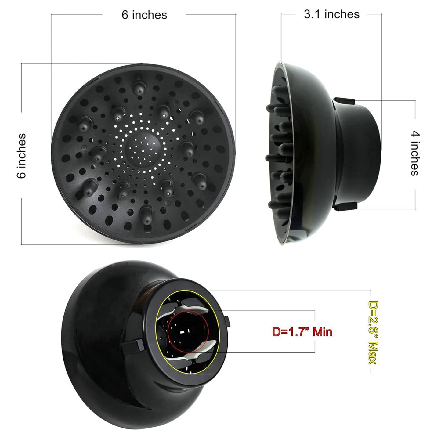 Universal Hair Diffuser for Blow Dryers - Fits 1.7 to 2.6 Inch Nozzles | Ideal for Curly & Wavy Hair, Shiny Black
