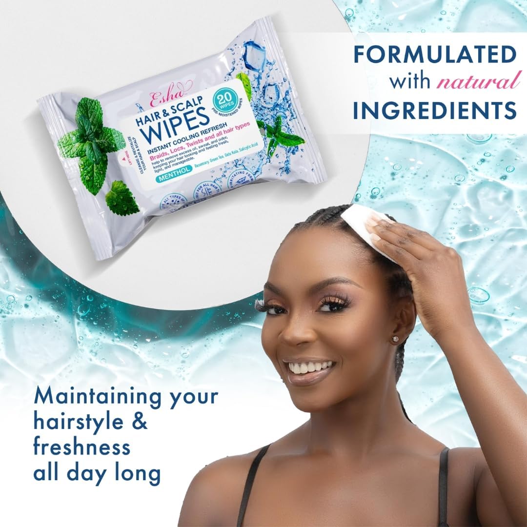 Esha Hair & Scalp Wipes - Instant Cooling Refresh for Braids, Locs & Twists | All Hair Types