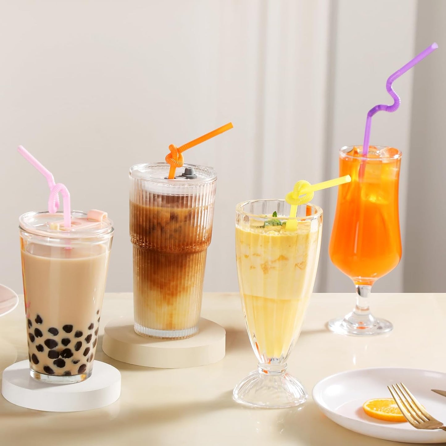 Extra Long Flexible Plastic Straws - 10.24" Colorful Bendy Drinking Straws | 100 Pack, Individually Wrapped