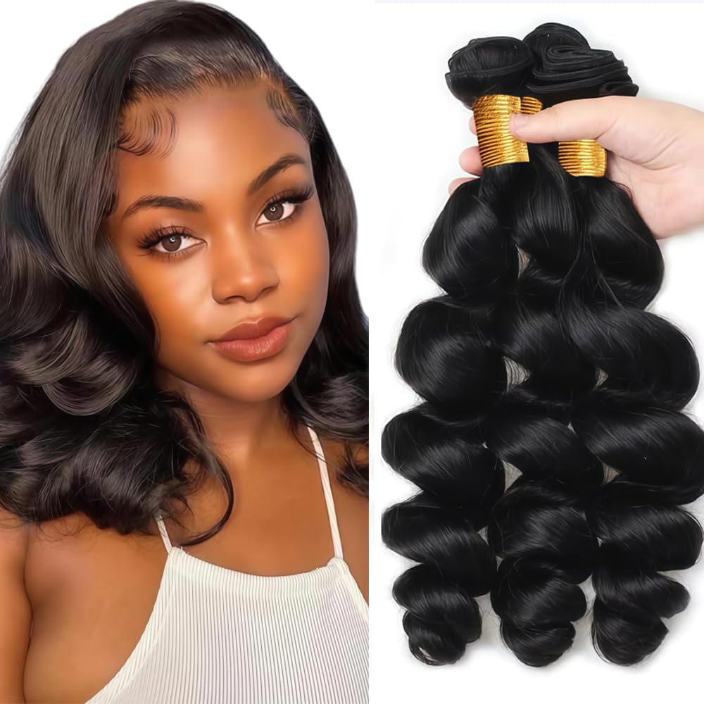 28 30 32 Inch Loose Wave Bundles Human Hair Loose Wave Bundles Black Bundle Human Hair Natural Black Unprocessed Brazilian Virgin Color 1B Bundle HuxoWax 150g