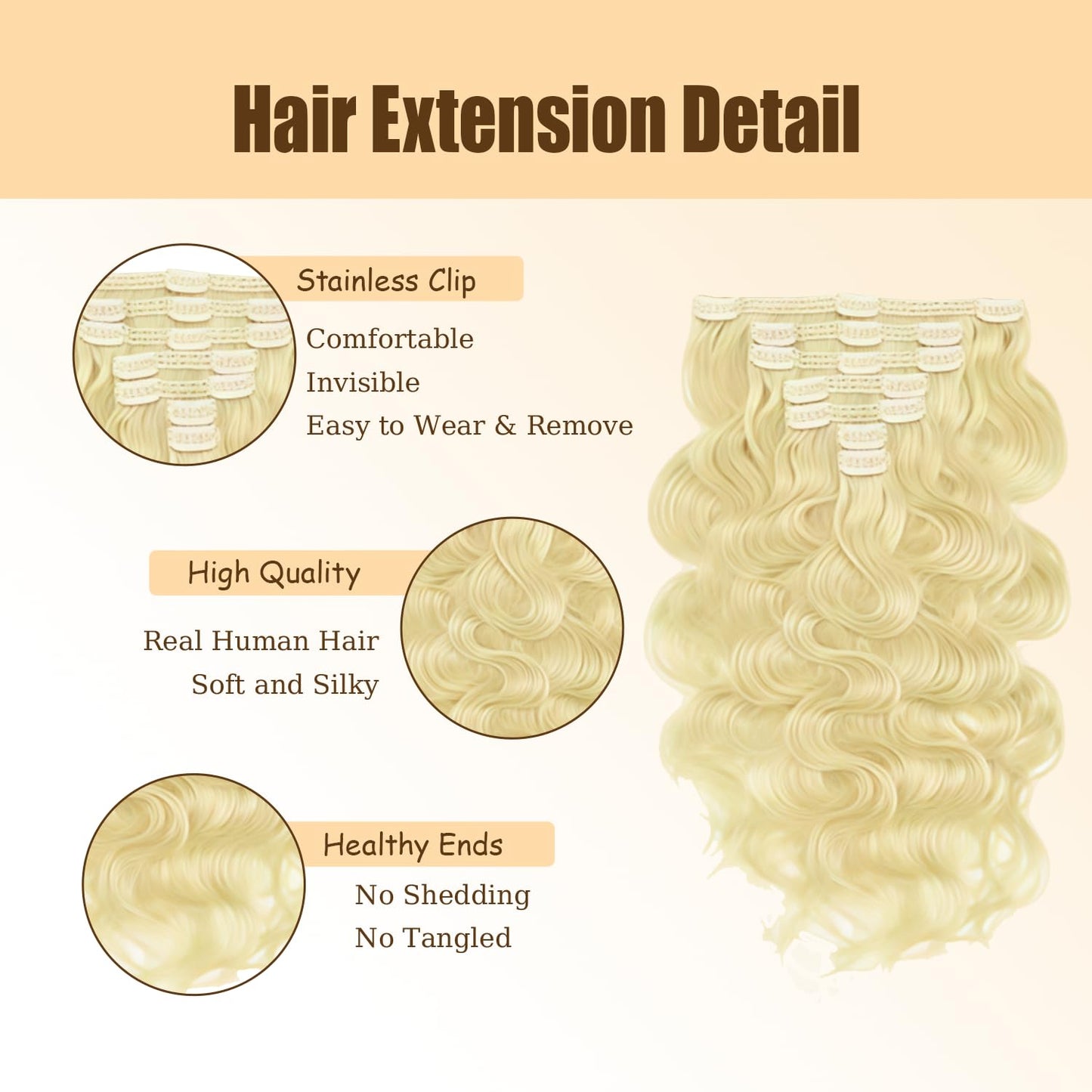 #613 Blonde Clip in Hair Extensions Real Human Hair, 14 Inch 120g/7Pcs,Full Shine Remy Human Hair,Blonde Body Wave Clip ins Brazilian Virgin Human Hair Extensions