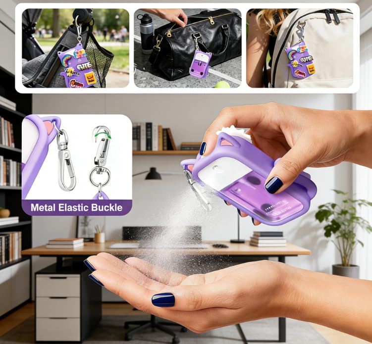 Purple Cat-Shaped Silicone Hand Sanitizer Case for Touchland 30ml with Charms & Keychain