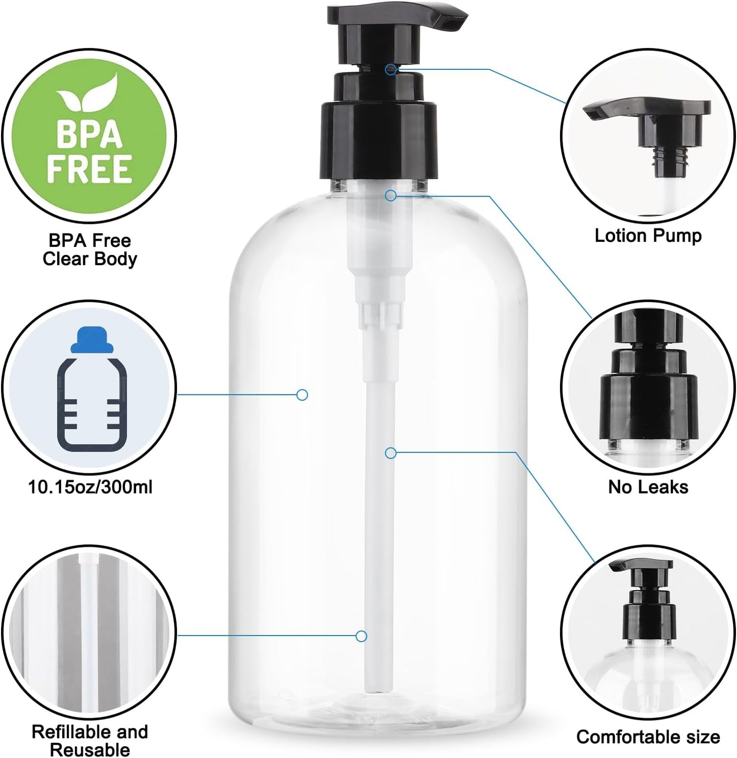 Empty Pump Bottles Dispenser - 2 Pack 300ml Clear Plastic for Essential Oils, Soap, Lotion & Shampoo