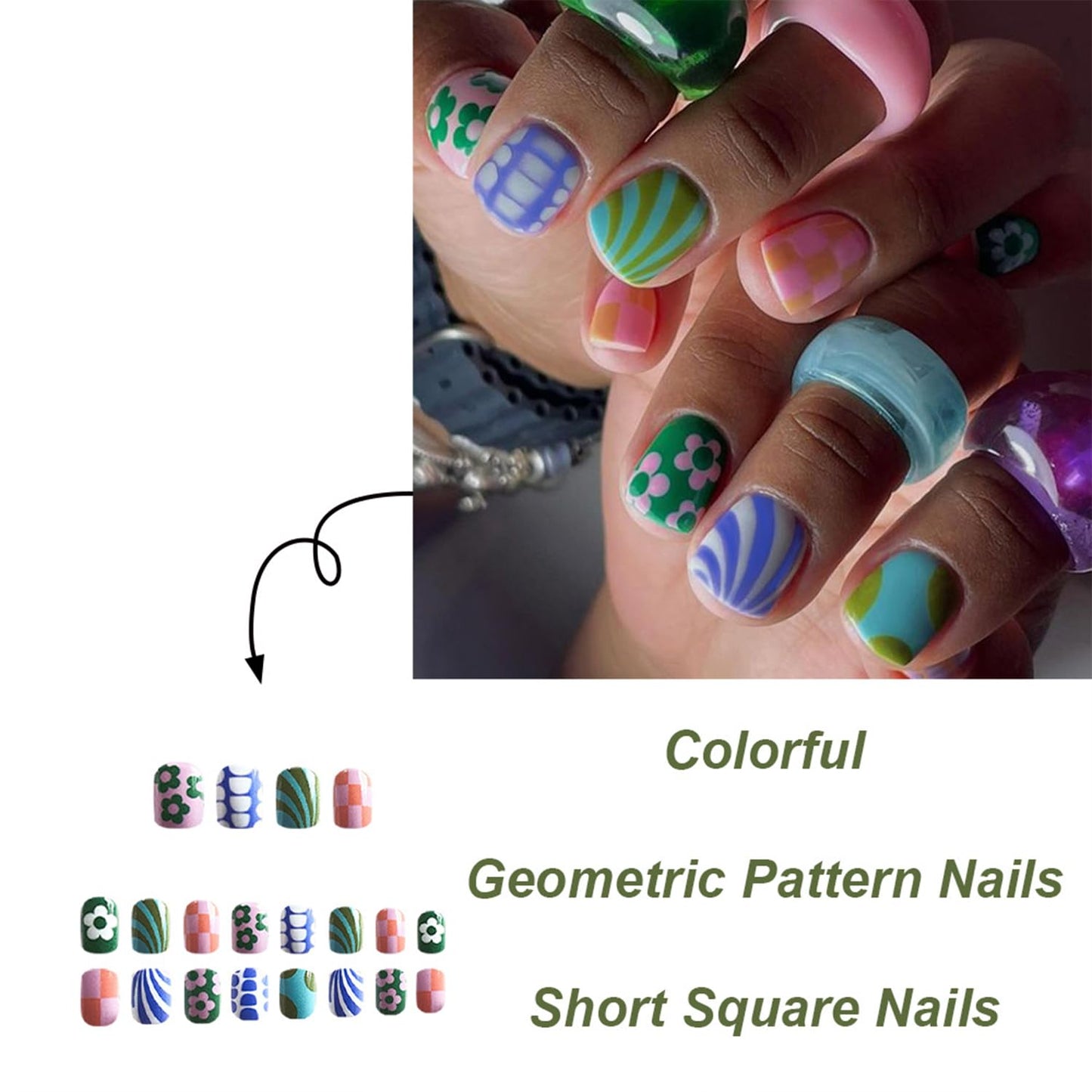 Colorful Press-On Nails - 24Pcs Short Square Acrylic Nails with Flower & Stripe Designs | Glossy Full Cover