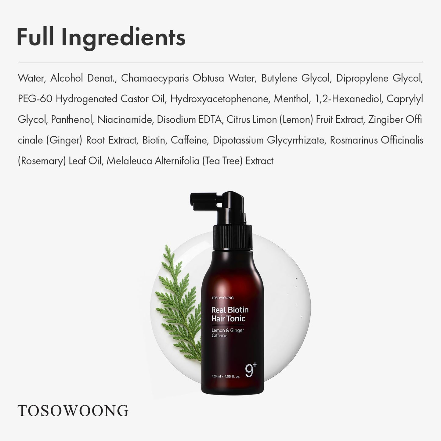 TOSOWOONG Real Biotin Scalp Tonic for Men & Women | Anti Hair-Loss & Thinning, Growth Treatment Spray | Instant Cooling, Nourishing | Caffeine, Rosemary Oil, Tea Tree | K-Beauty 120ml / 4.05 fl.oz.