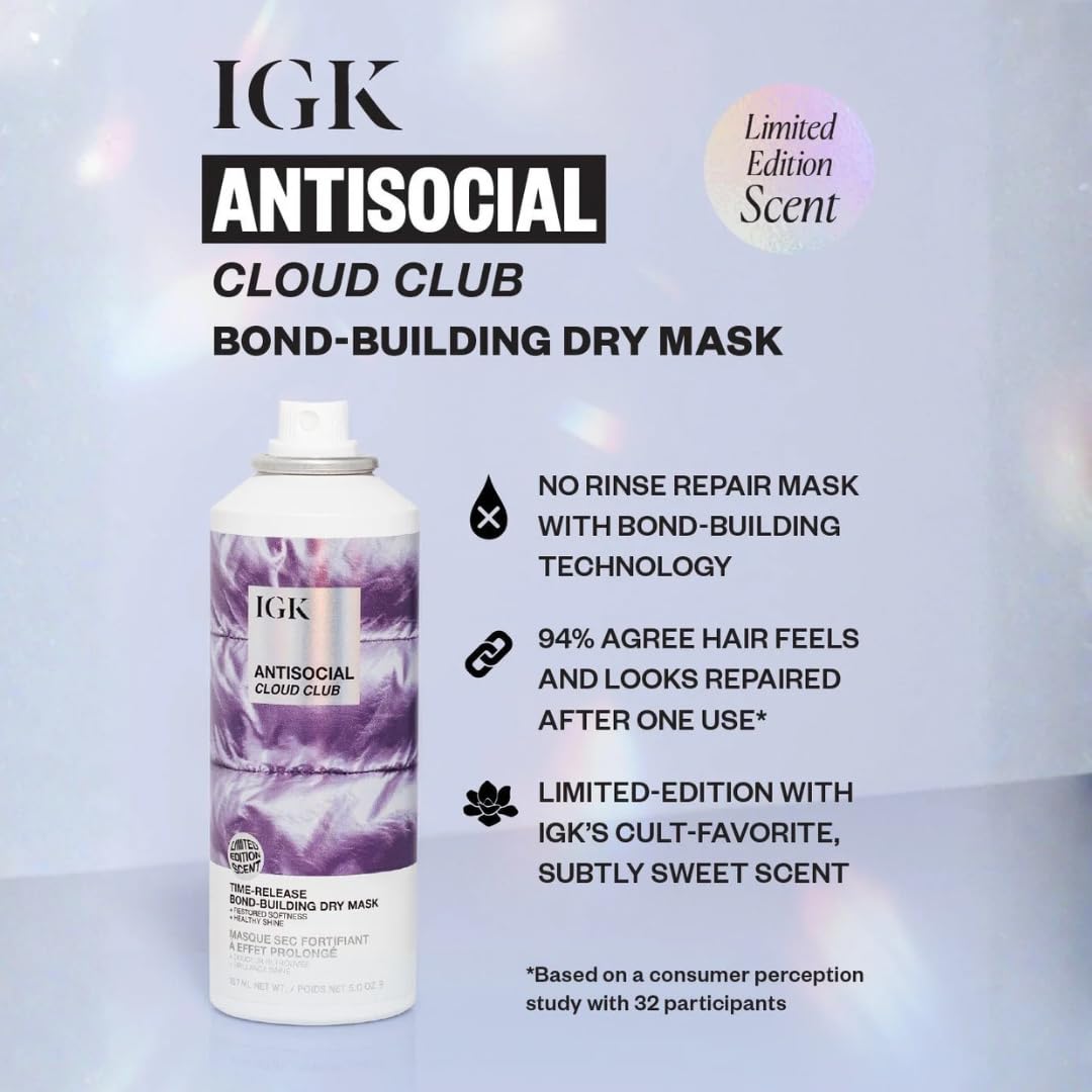 IGK Antisocial Cloud Club Dry Hair Mask - Leave-In Treatment for Repairing, Softening & Shine | Vegan | 5 oz