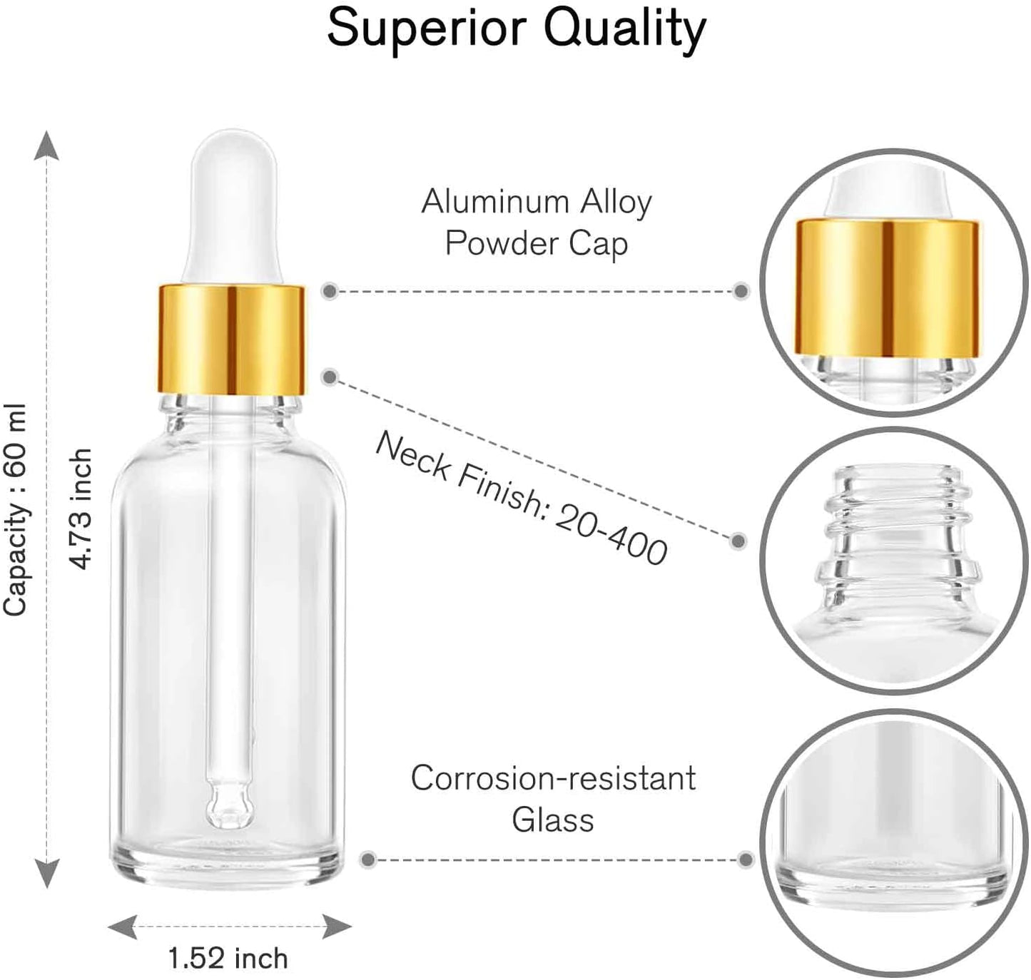 Glass Eye Dropper Bottles 2oz (60ml) - 63 Pack Clear Thick Bottles with Leakproof Golden Caps | Ideal for Essential Oils, DIY Serums, Travel