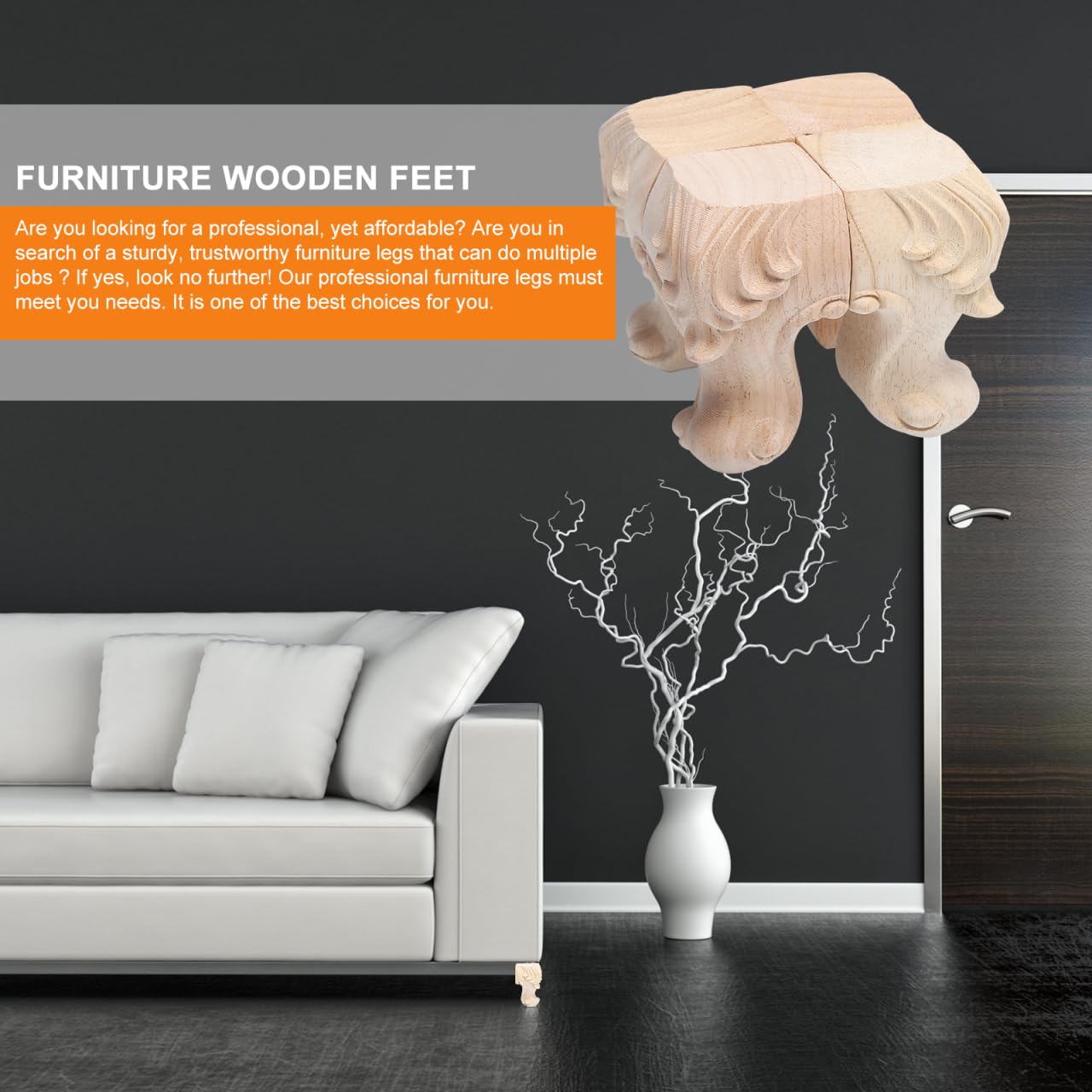 POPETPOP 4 Pcs European Style Wooden Furniture Legs, 3.9 inch Solid Wood Carving Furniture Replacement Feet Decoration for Sofa Cabinet Wardrobe Table Legs