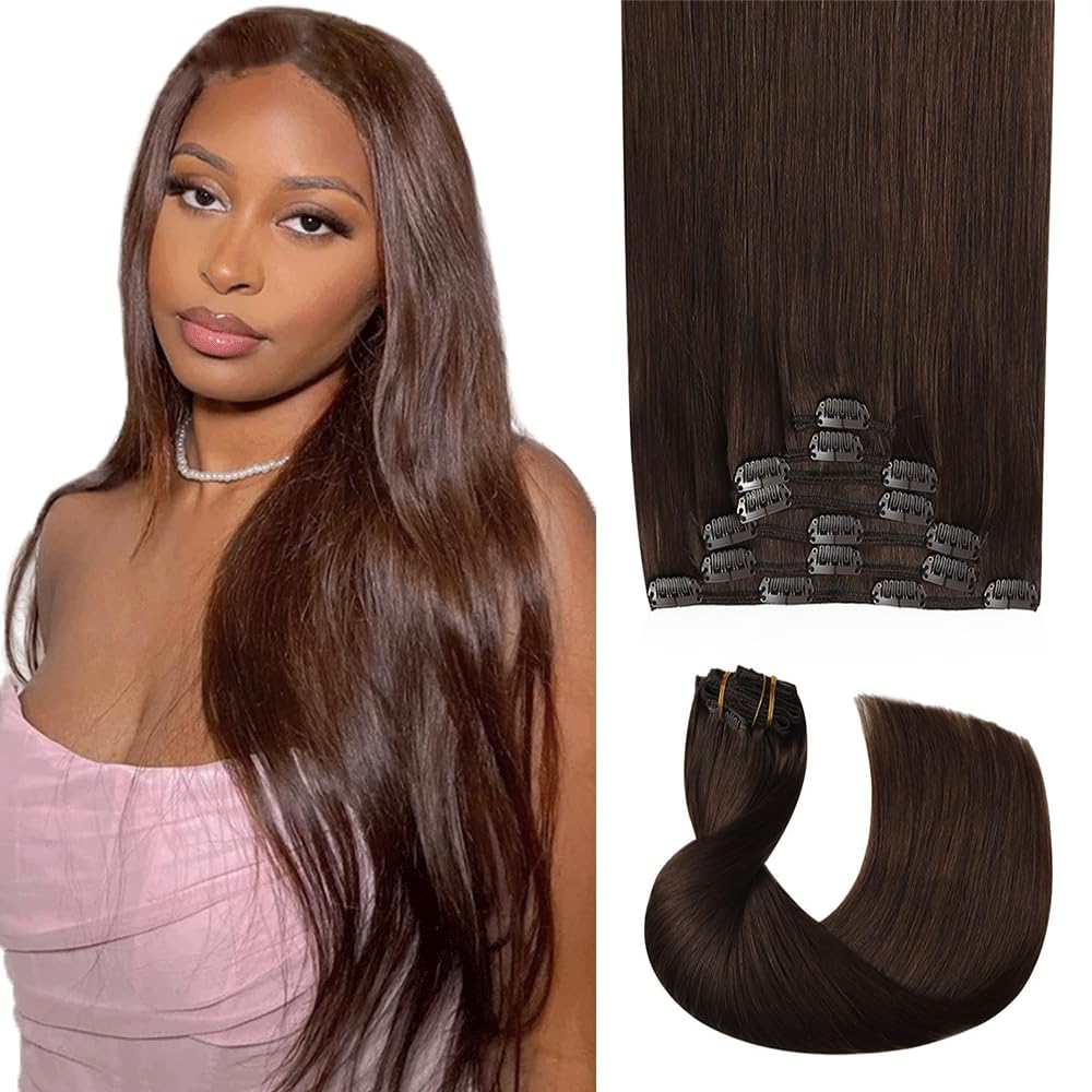#4 Brown Clip in Hair Extensions Real Human Hair,20 Inch 120g/7Pcs,Full Shine Dark Brown Remy Human Hair,Chocolate Brown Straight Clip ins Brazilian Virgin Hair Extensions