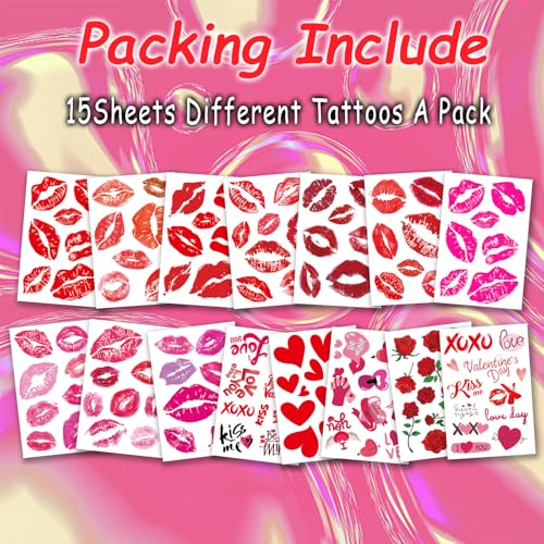 Sellentduct Kiss Valentine Red Lip Tattoos - 15 Sheets, Waterproof & Temporary for Kids & Adults