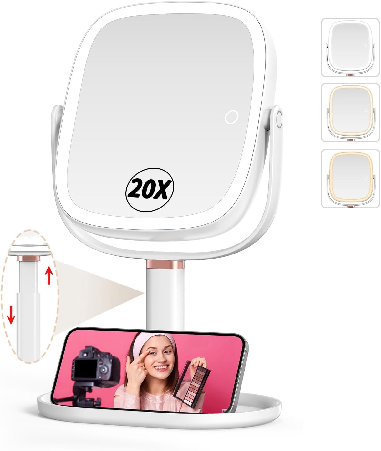 Mocado Makeup Mirror with Lights - 1X/20X Magnifying Vanity Mirror | Height Adjustable, 3 Color Options, 360° Rotation, Memory Function (White)